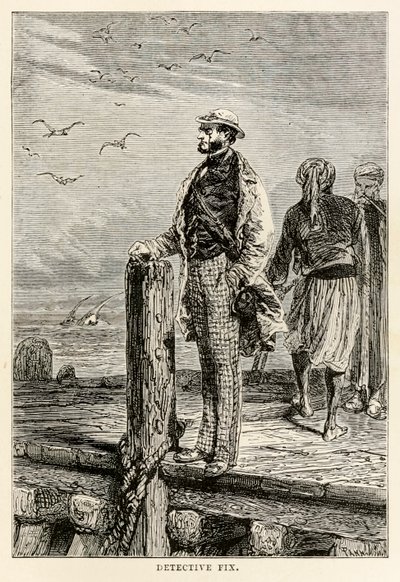 Etsivä Fix, Jules Vernen (1828-1905) teoksesta Maailman ympäri kahdeksassakymmenessä päivässä, kaivertaja Louis Dumont (s.1822), 1873. tekijältä after Alphonse Marie de Neuville