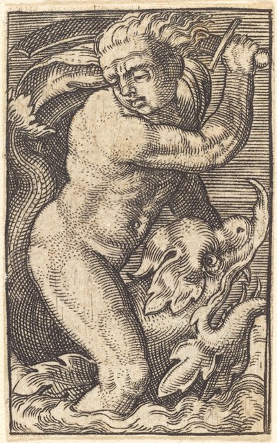 Käänteinen kopio "Sea-God to the Left Rading on a Dolphin" tekijältä after Barthel Beham