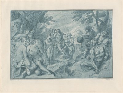 Musiikkikilpailu Apollon ja Panin välillä tekijältä after Bartholomaeus Spranger Andrea Scacciati