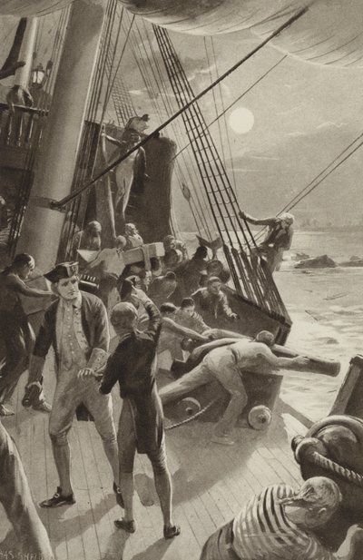 Kapteeni James Cooks laiva on pulassa Cape Tribulationin edustalla tekijältä after Charles Mills Sheldon