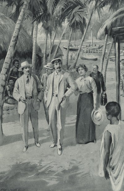 Robert Louis Stevenson ja hänen ystävänsä saapuvat Samoalle tekijältä after Charles Mills Sheldon