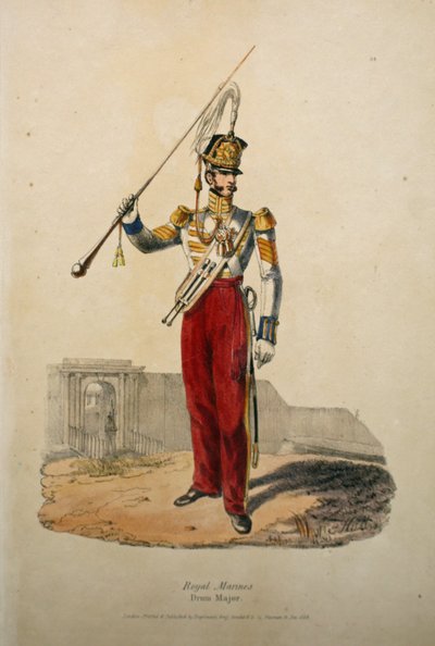 Kuninkaallisen merijalkaväen rumpalimajuri, noin 1829 (käsin värjätty litografia). tekijältä after Edward Hull