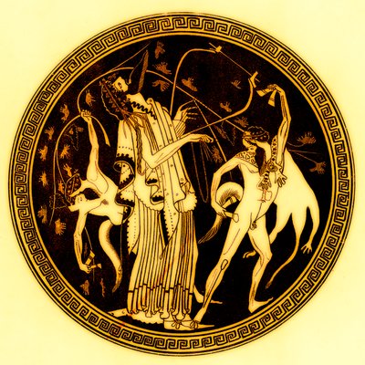 Dionysos ja satyyrit, kuvitus J. E. Harrisonin ja D. S. MacCollin kreikkalaisesta maljamaalauksesta, julkaistu 1894 (digitaalisesti paranneltu kuva) tekijältä after English School