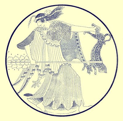 Maenad, kuvitus J. E. Harrisonin ja D. S. MacCollin kreikkalaisesta maljamaalauksesta, julkaistu 1894 (digitaalisesti paranneltu kuva) tekijältä after English School