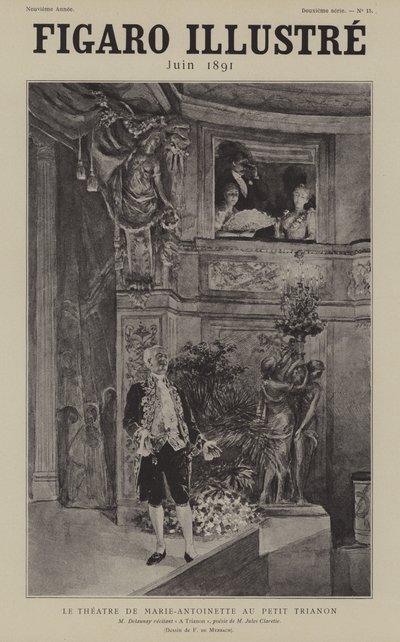Ranskalainen näyttelijä Louis Arsene Delaunay lausuu Jules Claretiesin runon A Trianon Theatre de Marie Antoinette -teatterissa Petit Trianonissa Versaillesissa. tekijältä after Felicien baron de Myrbach Rheinfeld