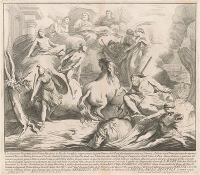 Prima Macchina Kiinalle 1742: Neptunuksen ja Minervan kilpailu tekijältä after François Hutin Miguel de Sorellò