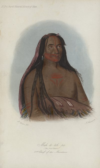 Mah-to-toh-pa, neljä karhua, mandanien 2. päällikkö (akvatinta) tekijältä after George Catlin
