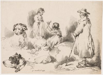 Lapsitutkimukset (kaksi pientä tyttöä); Kaksi koiraa; Mies tekijältä after George Morland