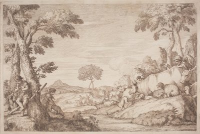 Pastoraalinen matka pojan kanssa, joka soittaa huiluaan puussa tekijältä after Giovanni Benedetto Castiglione Gaetano Zompini