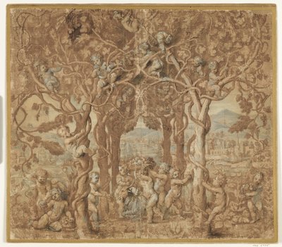 Putti poimimassa viiniä ja leikkimässä vuohen kanssa tekijältä after Giulio Romano