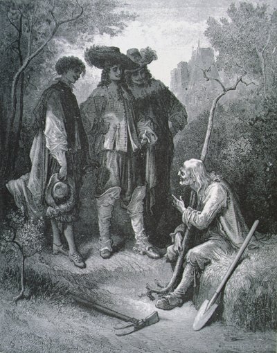 Kuvitus elokuvalle Vanha mies ja kolme nuorta miestä Jean de La Fontainen (1621-95) taruista tekijältä Gustave after Dore