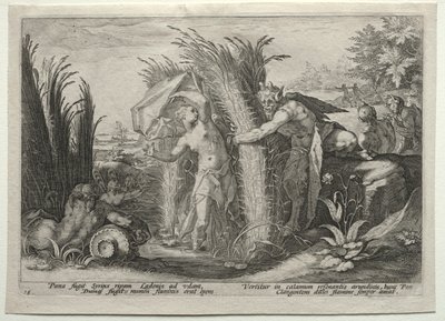 Pan jahtaa Syrinxiä tekijältä after Hendrick Goltzius