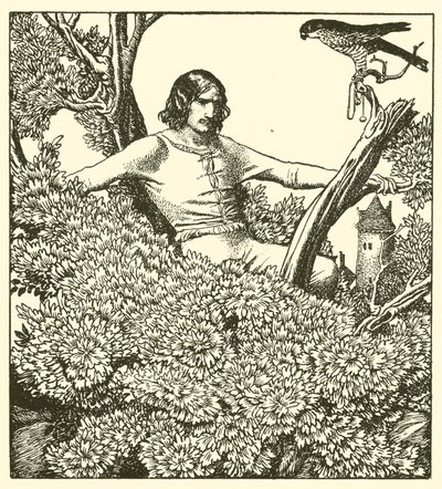 Sir Launcelot kiipeää nappaamaan naisen haukkaa tekijältä after Howard Pyle