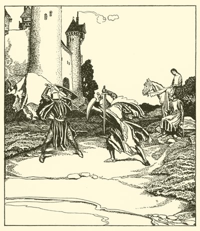 Sir Launcelot taistelee Sir Turquinen kanssa tekijältä after Howard Pyle