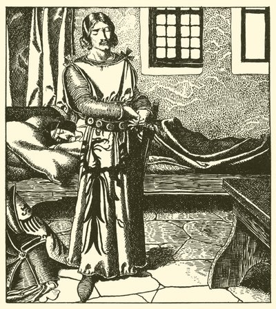 Sir Launcelot ottaa Sir Kayn panssarin tekijältä after Howard Pyle