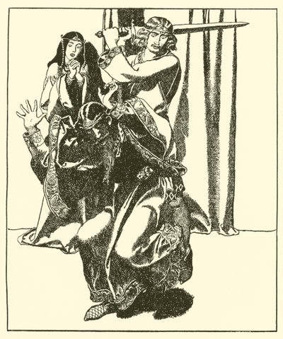 Sir Tristram hyökkää kuningas Markuksen kimppuun tekijältä after Howard Pyle