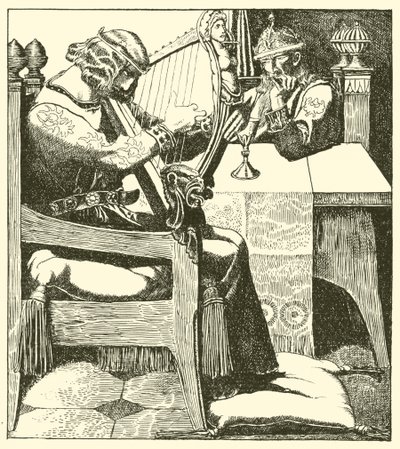 Sir Tristram harpetoi kuningas Markuksen edessä tekijältä after Howard Pyle