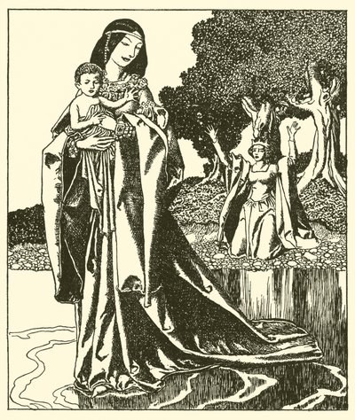 Lady Nymue kantaa Launcelotin järveen tekijältä after Howard Pyle