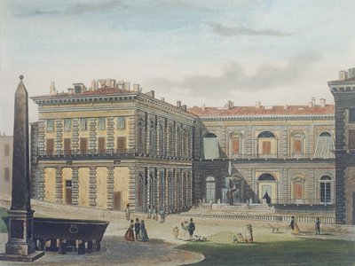 Palazzo Pittin sisäpiha Firenzessä, kaiverrus Johann Falkeisen (1804-83) ja värittänyt L. Cherbuin, n. 1842 (akvatinta) tekijältä after Italian School