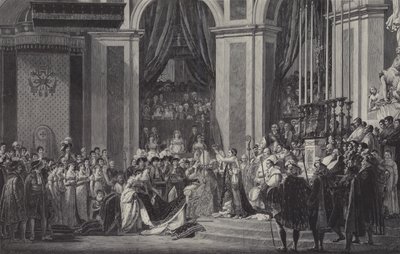 Napoleonin kruunajaiset Ranskan keisariksi Notre Dame de Parisissa, 1804. tekijältä after Jacques Louis David