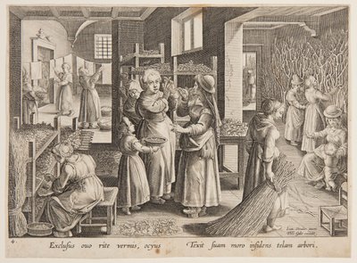 Mulperipuun lehtien ruokinta silkkiäistoukeille tekijältä after Jan van der Straet, called Stradanus