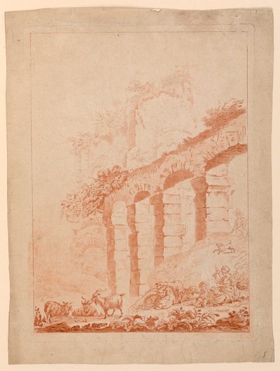Vuohipaimenet maisemassa raunioiden kanssa tekijältä after Jean Baptiste Huet