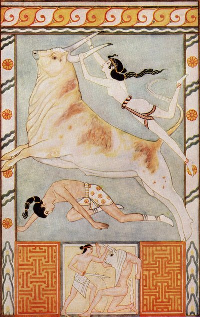 The Bull Baiters, kuvitus Donald A. Mackenzien teoksesta "Myths of Crete and Pre-Hellenic Europe", julkaistu vuonna 1917 tekijältä after John Duncan