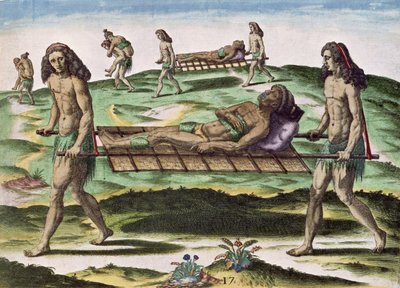 Hermafrodiitit kuljettavat loukkaantuneita, teoksesta "Brevis Narratio...", julkaissut Theodore de Bry, 1591. tekijältä after Le Moyne, J.Bry