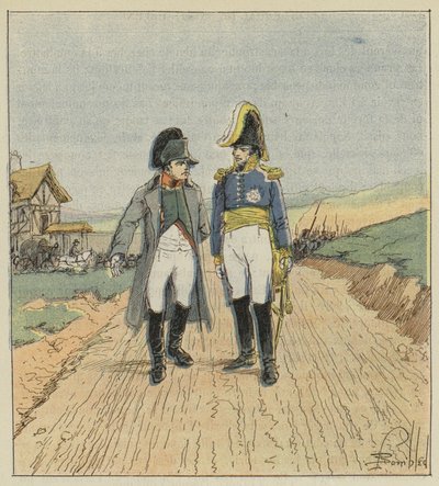 Menessään Elban saarelle Napoleon tapaa Augereaun tekijältä after Louis Charles Bombled