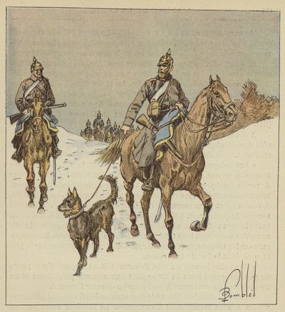 Preussin ratsastajat tiedustelussa, hihnassa pidettyjen koirien edeltäjät tekijältä after Louis Charles Bombled