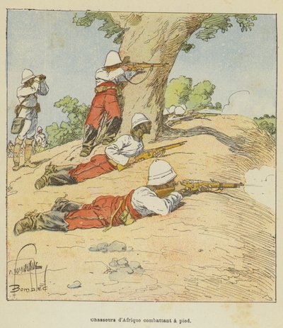 Afrikkalaiset metsästäjät taistelevat jalkaisin tekijältä after Louis Charles Bombled