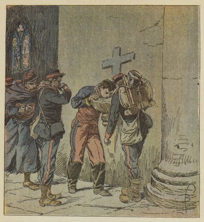 Villiersin kirkossa janoon kuolevat ranskalaiset vangit jakavat pyhän vesisäiliön sisällön. tekijältä after Louis Charles Bombled