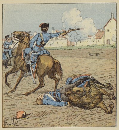 Preussin husaarit hyökkäämässä kylään tekijältä after Louis Charles Bombled