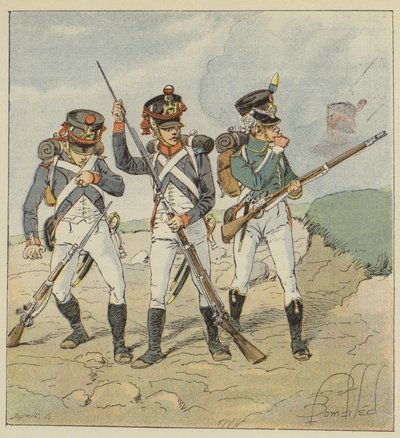 Nuori vartija, 1806, varusmies-lestarit, Tirailleur-lenaatieri, laippa-metsästäjä tekijältä after Louis Charles Bombled