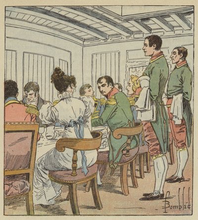 Keisarin vasemmalla puolella oli Madame de Montholon tekijältä after Louis Charles Bombled
