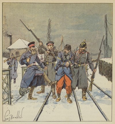 Preussilainen upseeri hakkaa häpeällisesti haavoittunutta ja vangiksi otettua Fourier Papotia tekijältä after Louis Charles Bombled