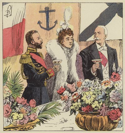 Tsaari Nikolai II julistaa Ranskan ja Venäjän liiton Pothuau-aluksella tekijältä after Louis Charles Bombled