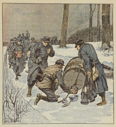 Merisotilaat täyttävät tynnyritölkkinsä rommilla tekijältä after Louis Charles Bombled
