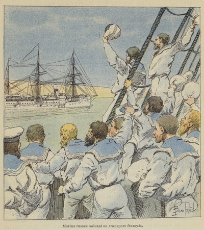 Venäläiset merimiehet tervehtivät ranskalaista kuljetusvälinettä tekijältä after Louis Charles Bombled