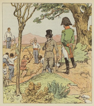 Napoleon tutkii linnoituksia, joita kuvernööri rakentaa Longwoodin ympärille tekijältä after Louis Charles Bombled