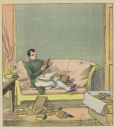 Napoleon lukee kirjoja, jotka on juuri lähetetty hänelle tekijältä after Louis Charles Bombled