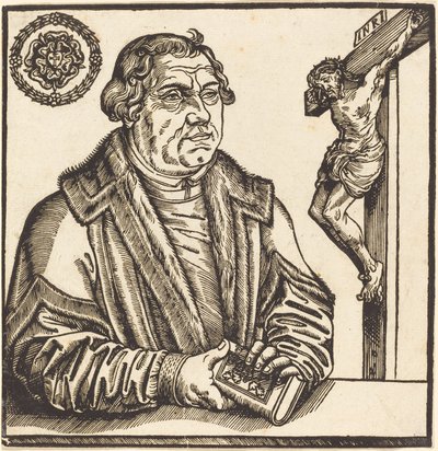 Martin Luther, puolipitkä vasemmalle kirja käsissään tekijältä after Lucas Cranach the Younger