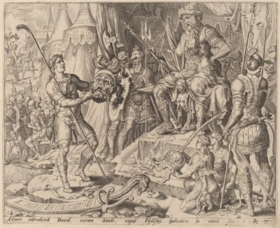 Daavid Goljatin pään kanssa Saulin edessä tekijältä after Maerten van Heemskerck