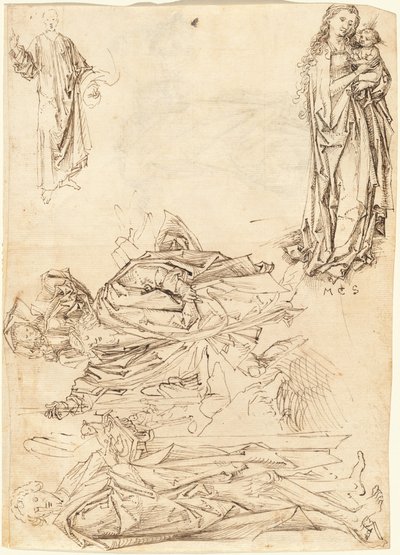 Pyhä Christopher, Pyhä Johannes Kastaja, Neitsyt ja lapsi ja Kristuksen siunaus (recto) tekijältä after Martin Schongauer Master of the Drapery Studies