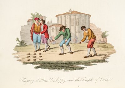 Leikkiminen Bomble Puppyssä ja Vestin temppelissä, italialaisista maisemista, jotka edustavat Italian eri valtioiden tapoja, tapoja ja huvituksia, pub. 1806 (käsin väritetty kaiverrus). tekijältä after P. van Lerberghi