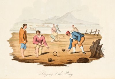 Playing at the Ring, from Italian Scenery, representing the Manners, Customs and Amusements of the different States of Italy, pub. 1806 (käsin väritetty kaiverrus) tekijältä after P. van Lerberghi