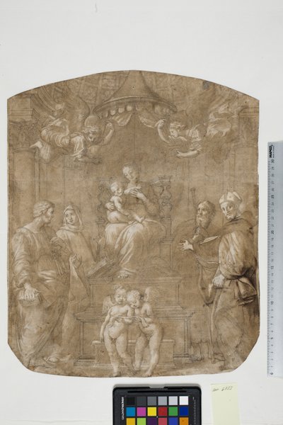 Madonna ja lapsi Pyhän Pietarin, Bernardin (tai Brunon), Jaakobin, Augustinuksen ja neljän enkelin, Madonna del Baldacchinon kanssa tekijältä after Raphael