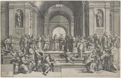 Ateenan koulu. Pub. 1550 tekijältä after Raphael
