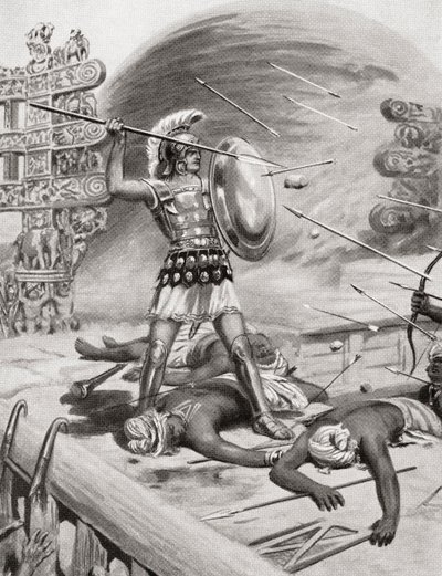 Aleksanteri Suuri taistelemassa assacanilaisia vastaan Massagan linnoitetussa kaupungissa Intiassa Intian sotaretkensä aikana vuonna 326 eKr, Hutchinsons History of the Nations, pub.1915. tekijältä after Robert Dudley