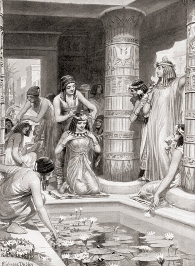 Muinaisessa Egyptissä päivälliselle saapuville vieraille annettiin vettä jalkojen ja käsien pesuun, heidät voideltiin tuoksuvalla öljyllä ja kruunattiin kukkaseppeleillä, Hutchinsons History of the Nations, pubi. tekijältä after Robert Dudley